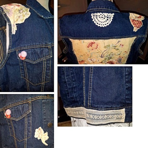 Boho Gypsy Vest Upcycled Denim Jacket Plus Size 20 - Picture 5 of 8